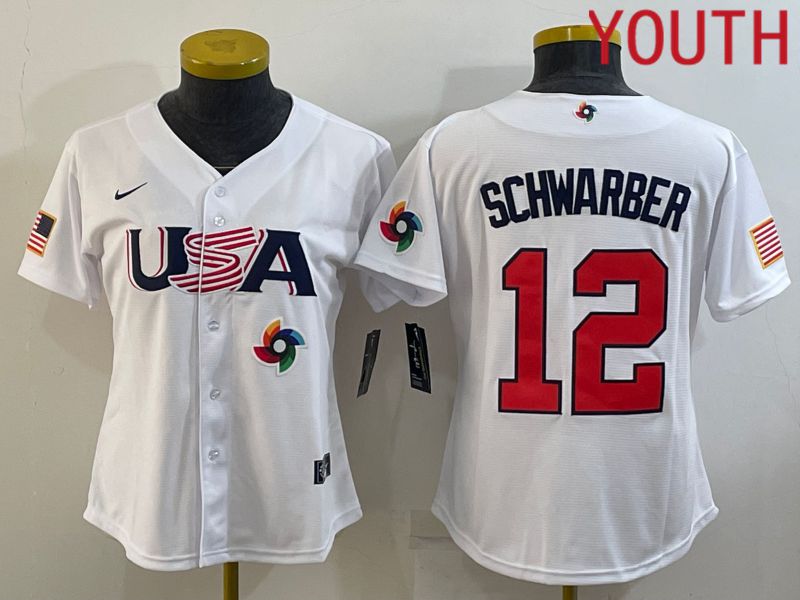 Youth 2023 World Cub USA 12 Schwarber White MLB Jersey10